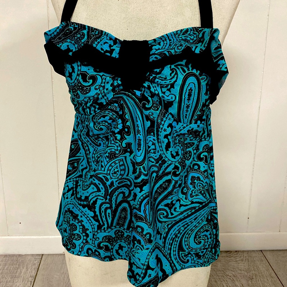 Teal and black paisley print tankini